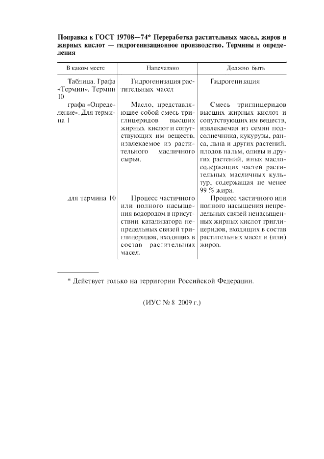 Поправка к ГОСТ 19708-74