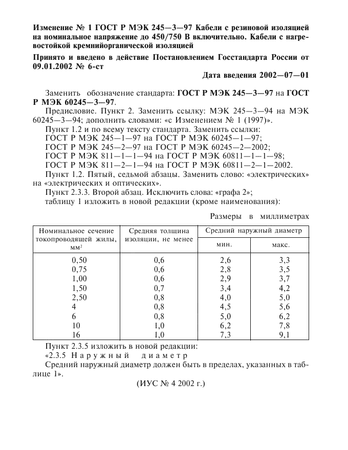 Изменение №1 к ГОСТ Р МЭК 60245-3-97